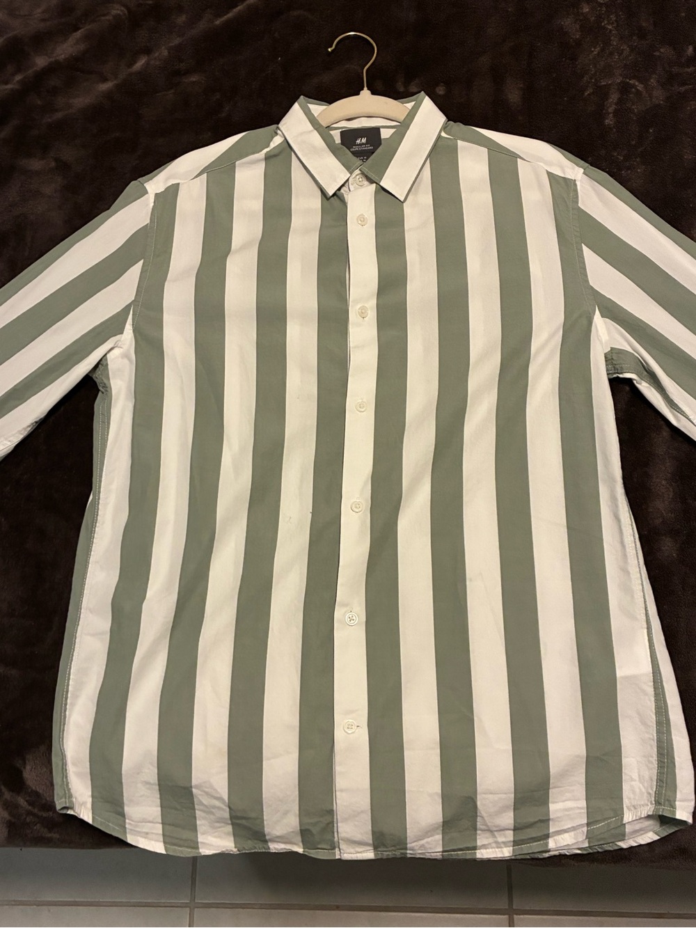 H&M White and Green Striped Button-Down Shirt